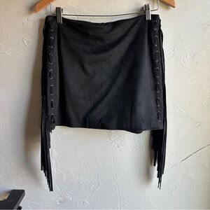 Forever 21 Black Fringe Mini Skirt Lace-Up Y2K Western Goth Faux Suede Sz S